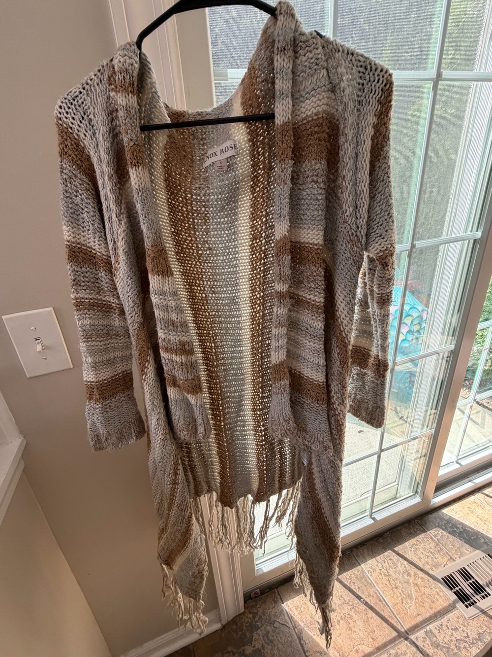 Knox Rose Hooded Open-Front Fringe Cardigan - Taupe & Cream